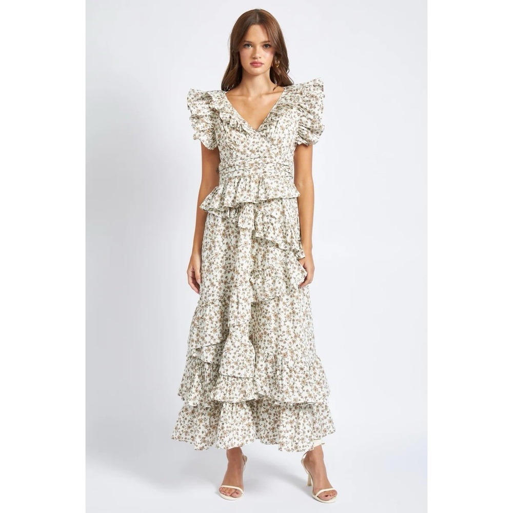 En Saison Gianna Floral Print Cotton Ruffle Maxi Dress Size L Cottagecore Prarie